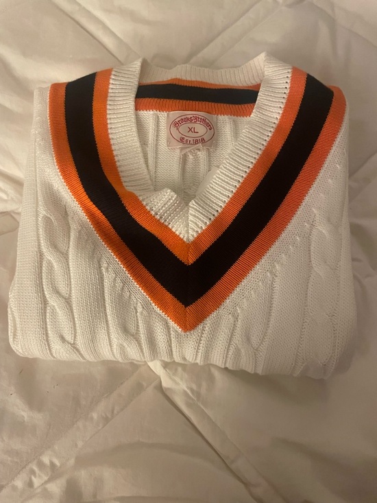 Brooks Brothers Other - Brooks Brothers White Cable-Knit V-Neck Sweater Vest  with Orange & Navy Trim